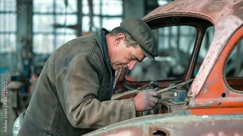 Man repairing car engine in garage, Mechanic fixing a car inside garage