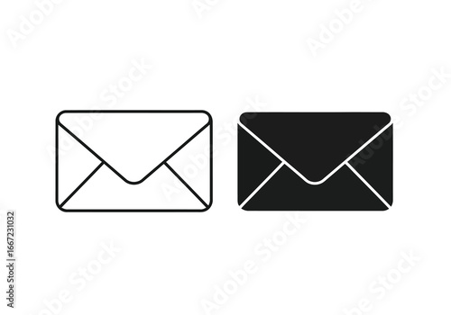 Vector art of two envelopes, one outlined and one solid black, isolated on a, representing communication and mail services