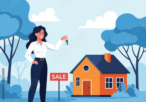 Vector art of a female real estate agent holding keys in front of a house with a for sale sign, symbolizing property transactions and home ownership