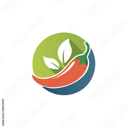 Stylized chili pepper with leaves within a vibrant circular design