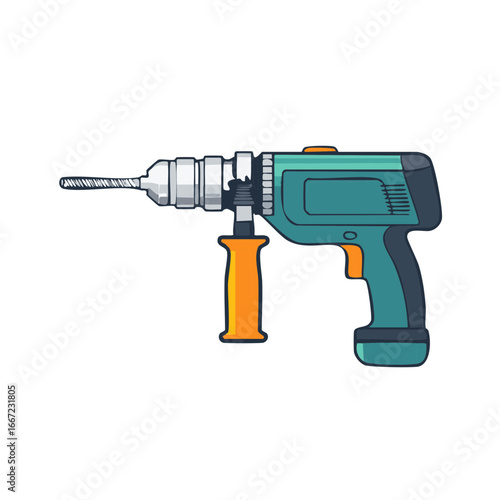 Illustrated power drill tool design with a colorful handle and details
