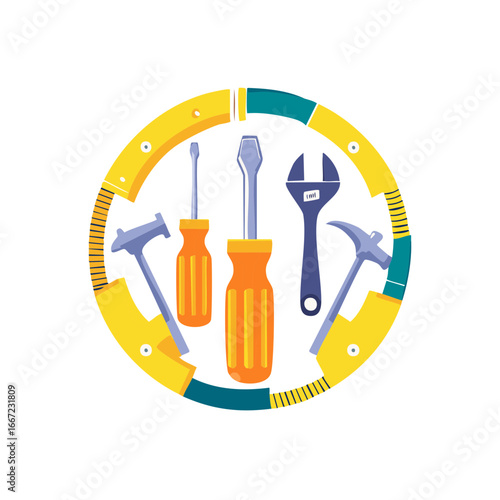 Essential repair tools in a vibrant circular graphic for handyman projects and home improvement