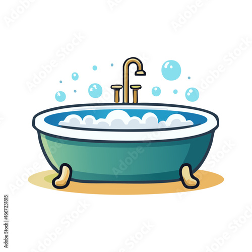 Cute cartoon bathtub with full foamy bubbles and shiny faucet, vector illustration for bath time relaxation and hygiene