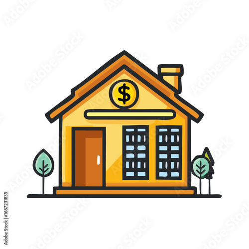 Cheerful yellow bank building with dollar sign symbol and small trees outside