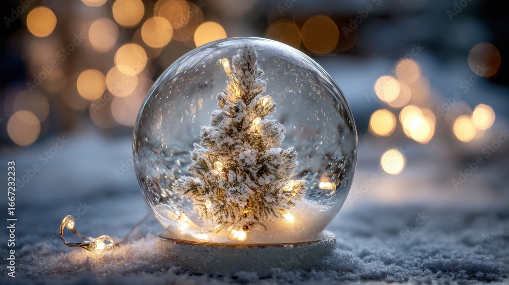 Fototapeta premium A beautifully crafted snow globe showcases a small snow-covered tree, illuminated by soft lights, creating a warm atmosphere in a winter landscape. The scene captures the essence of holiday cheer