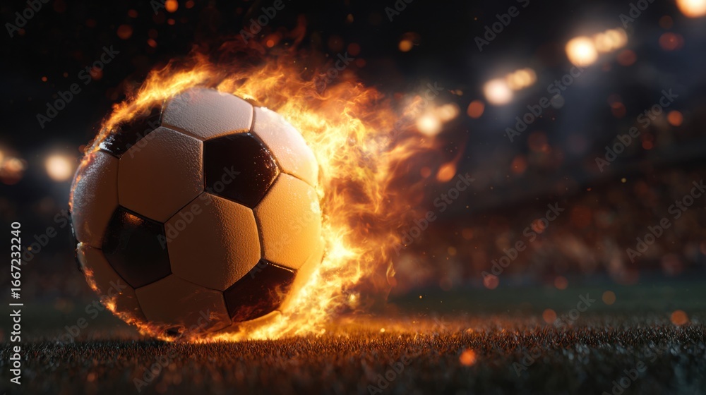 Fototapeta premium A soccer ball surrounded by flames is speeding toward the goal on a darkened stadium field, creating an intense atmosphere during a night match