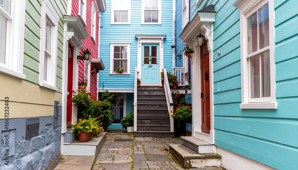 Obraz premium Colorful Alleyway with Stairs and Blue Door Between Houses.