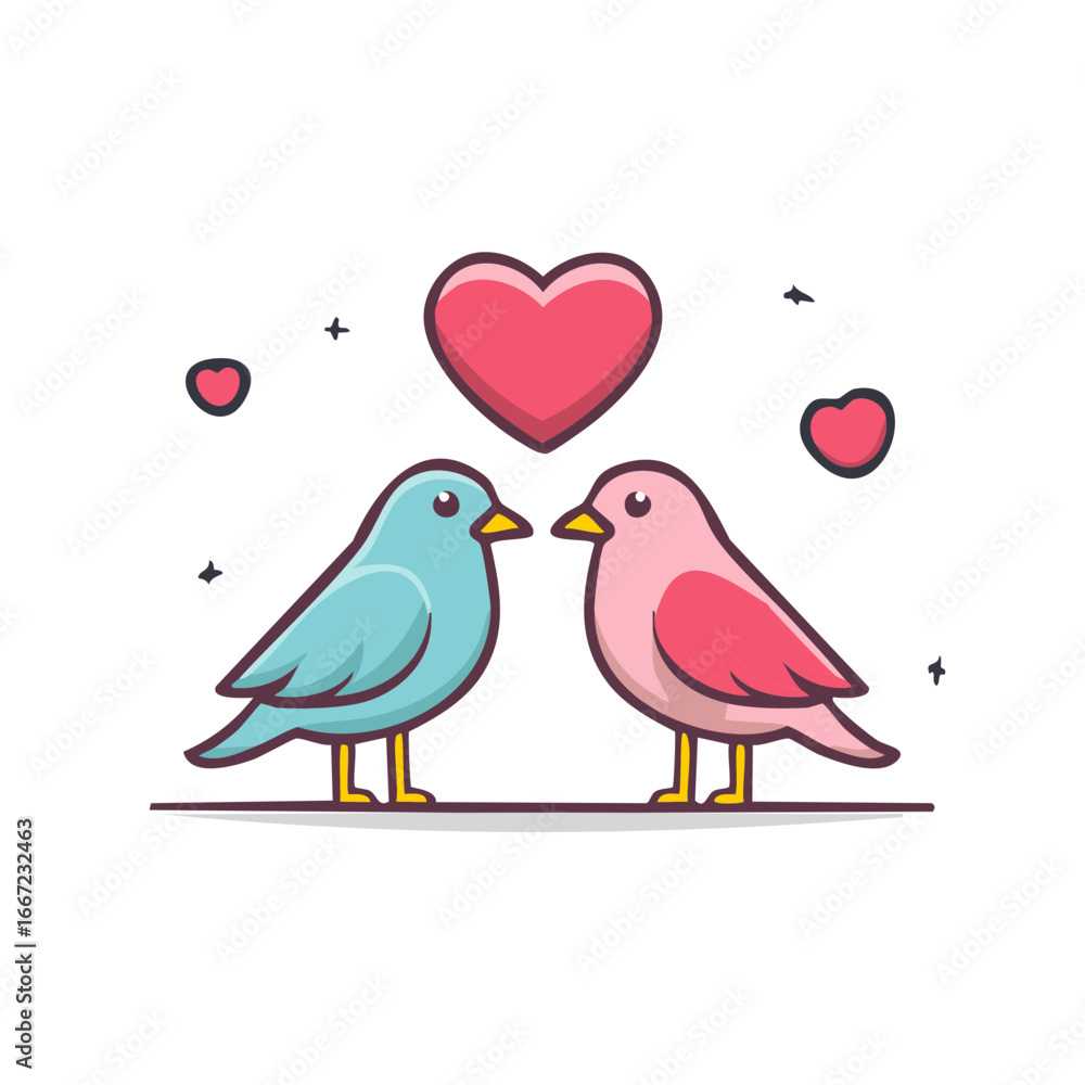 Obraz premium Lovebirds Cartoon Illustration Pair of Birds with Hearts Valentines Day