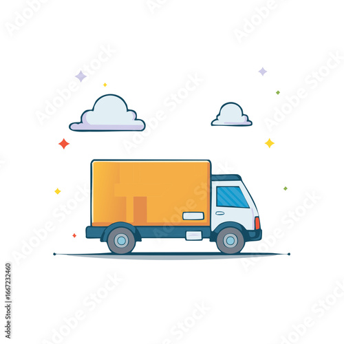 Illustration of a delivery truck with a yellow cargo box and clouds in the sky