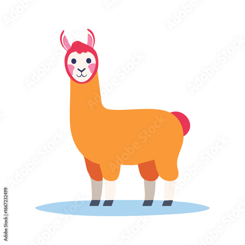 Cute orange cartoon llama with pink facial features standing on a blue base, simple vector illustration