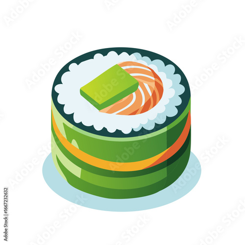 Isometric sushi roll illustration with salmon, avocado, and seaweed on a light blue plate.