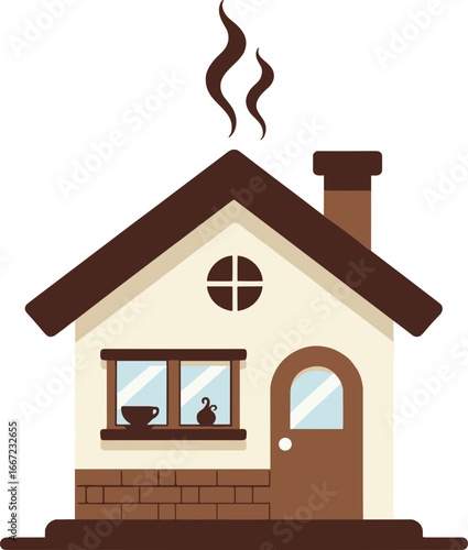 Cozy coffee shop illustration with steam rising from the chimney
