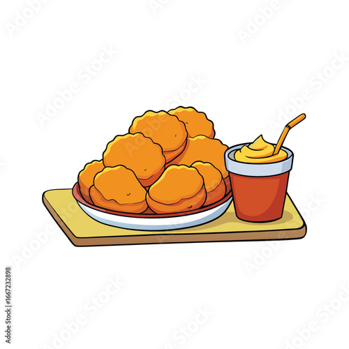 Crispy chicken nuggets served with sweet honey mustard and smoky barbecue dipping sauces