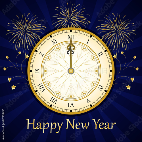 Felicitación de año nuevo con reloj dorado y fuegos artificiales 