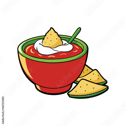Delicious chili bowl with creamy sour cream and crunchy crackers presented on a clean white background for culinary use