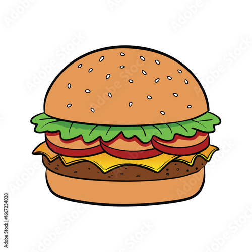 Classic beef burger with lettuce tomato and ketchup vector illustration