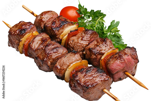 A plate of meat skewers with onions and peppers