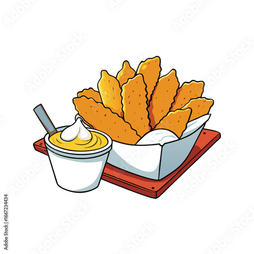 Delicious crispy fish and chips with creamy tartar dip presentation