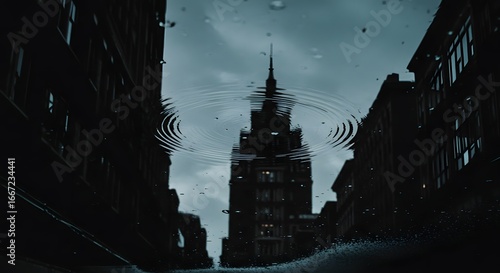 City building reflection in a puddle on a rainy day