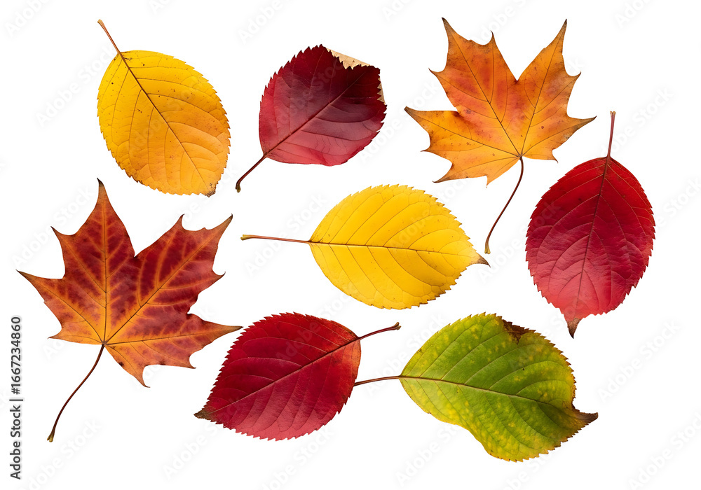 Fototapeta premium Vibrant autumn leaves in a variety of colors against a stark black background, showcasing the beauty of fall foliage.