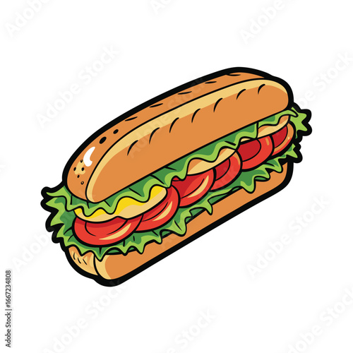 Delicious crusty baguette sandwich filled with savory ham and melty cheese on a white background