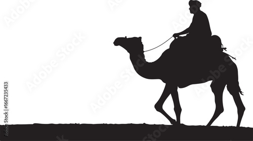 Camel rider silhouette walking across desert landscape sand