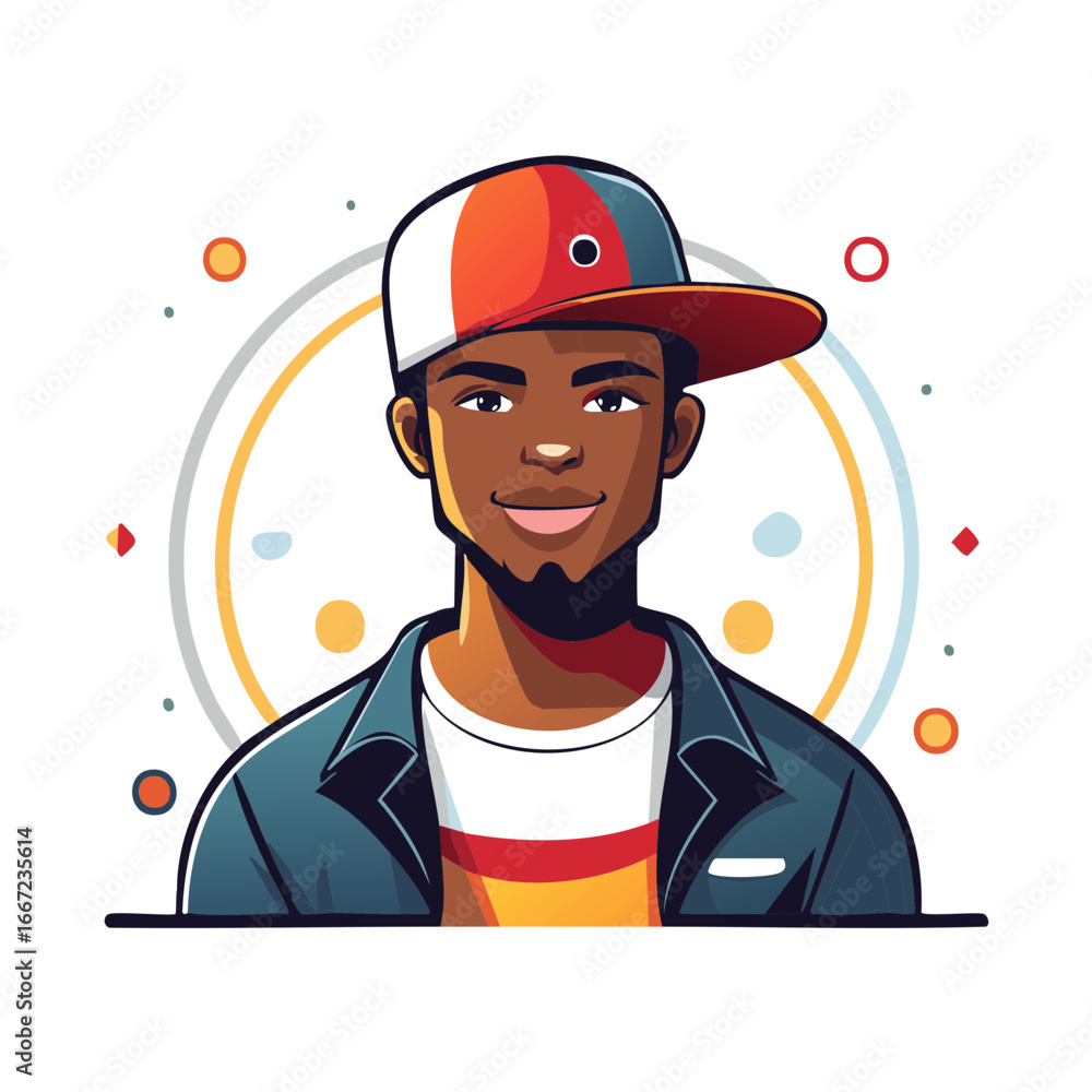 Fototapeta premium Illustration of a young black man with cap, jacket, and smile, encircled by festive colors and shapes, cartoon style