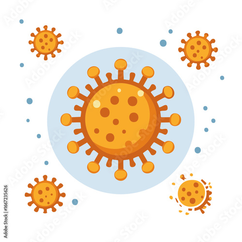 Illustration of a virus cell with spikes and a light blue background.