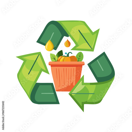 Organic pumpkin in plant pot within green recycling symbol illustrating composting and eco friendly sustainability concept