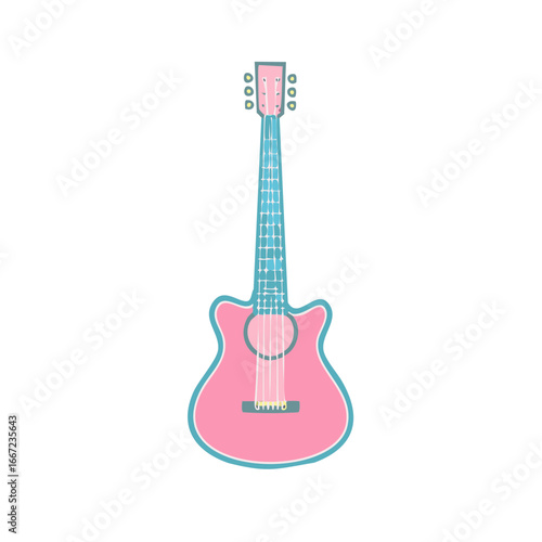 A pink and blue acoustic guitar illustration with a simple design