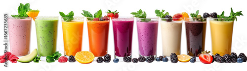A row of colorful smoothies with a variety of fruits and vegetables