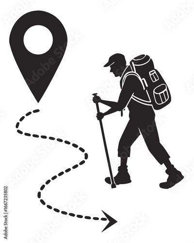 Silhouette of a hiker with a backpack and trekking poles following a dotted path towards a location pin.