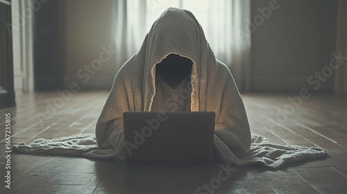 A person hides under a blanket, face lit by a glowing laptop screen