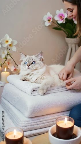 Relaxed Blue-Eyed White Cat Enjoying Gentle Massage in Spa Setting