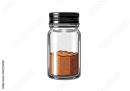 A glass spice jar filled with brown powder is depicted against a stark black background.