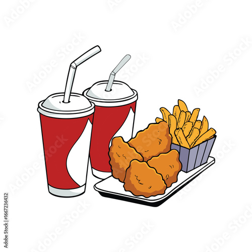 Delicious fried chicken wings meal with a refreshing soda served in a clean crisp vector design