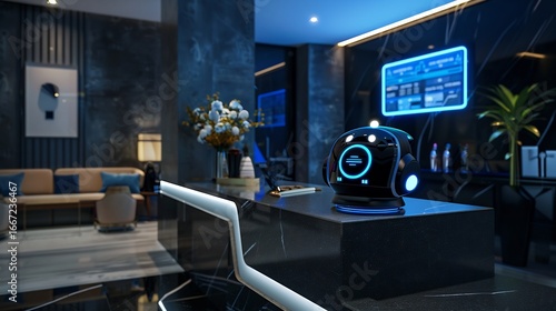 Futuristic Concierge Robot on Hotel Lobby Reception Desk with Neon Glowing Display and Blue Light