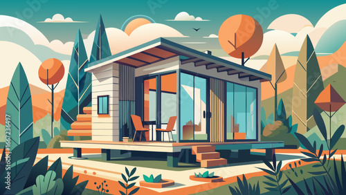Accessory dwelling unit, tiny house concept embodying compact living and sustainable minimalism, semi-realistic abstraction balancing modern architecture, efficiency, and timeless harmony with nature.