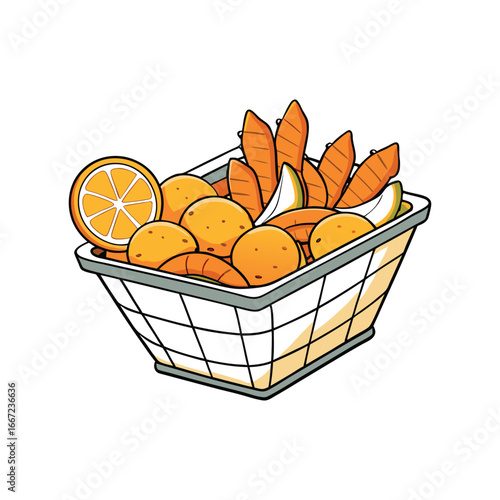 A delicious fried shrimp basket with bright lemon wedges and creamy dipping sauce presented artfully