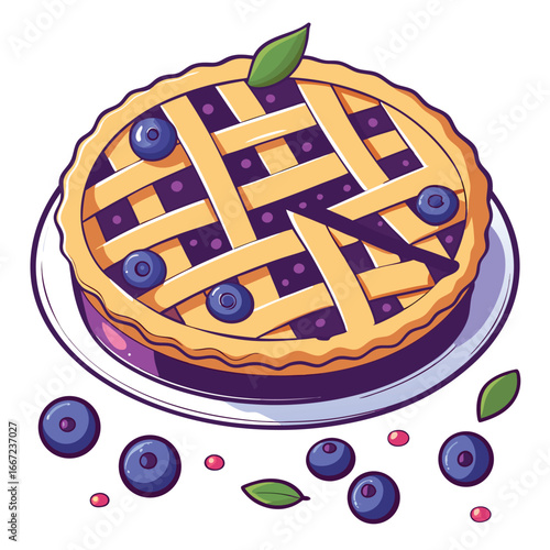 Delicious blueberry pie rests on a plate surrounded by scattered berries and a leaf