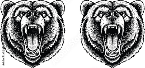 Fierce grizzly bear with mouth open and teeth bared, conveying raw power and aggression