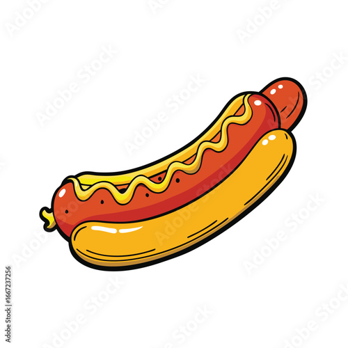 Delicious grilled bratwurst sausage with a generous smear of yellow mustard on a clean white background