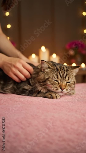 Relaxed tabby cat enjoying a gentle massage on pink towel with cozy spa atmosphere