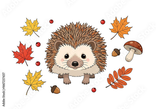 A cute hedgehog is surrounded by autumnal foliage, acorns, and berries, creating a charming autumnal scene.