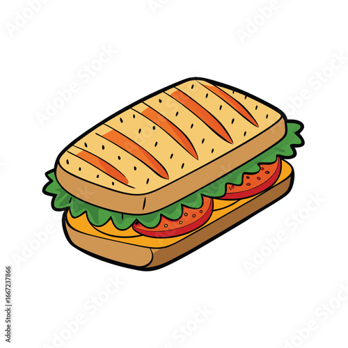 Delicious grilled panini sandwich with fresh tomato cheese and aromatic herbs illustration
