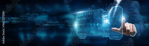 Evaluator touching interface and assessment frameworks performance evaluation, compliance analysis decision-making optimization automation governance transformation, and business strategy.