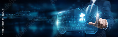 Φωτογραφία Cloud architect touching interface and cloud computing infrastructure scalability, storage services integration transformation optimization automation innovation