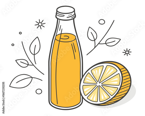 A refreshing bottle of yellow juice next to a sliced lemon, with decorative leaves and sparkles.
