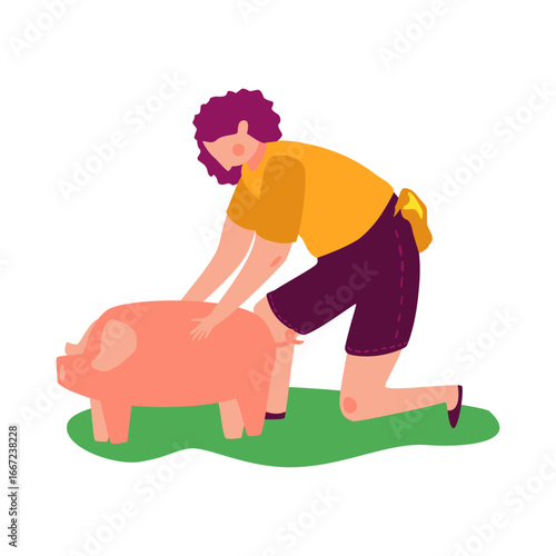 Caring for Farm Animals A Farmer and Pig Illustration