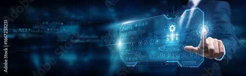 Tableau sur toile ERP consultant touching interface and ERP enterprise resource planning, operations integration automation transformation optimization innovation collaboration